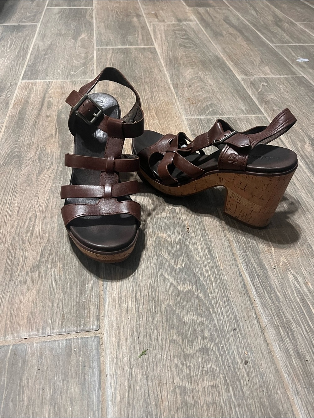 Timberland Dark Brown Leather Cork Platform Heeled Sandals